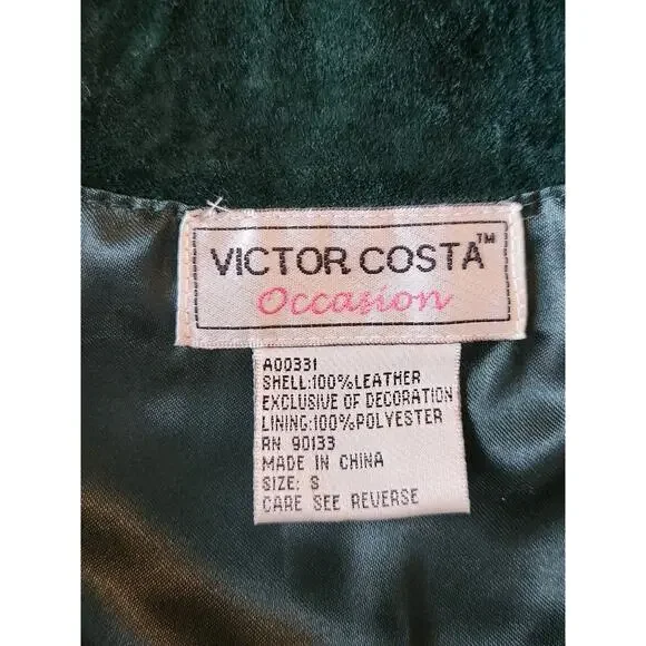 Victor Costa Occasion Vintage Green Suede Leather Beaded Open Front Jacket S - Picture 5 of 8